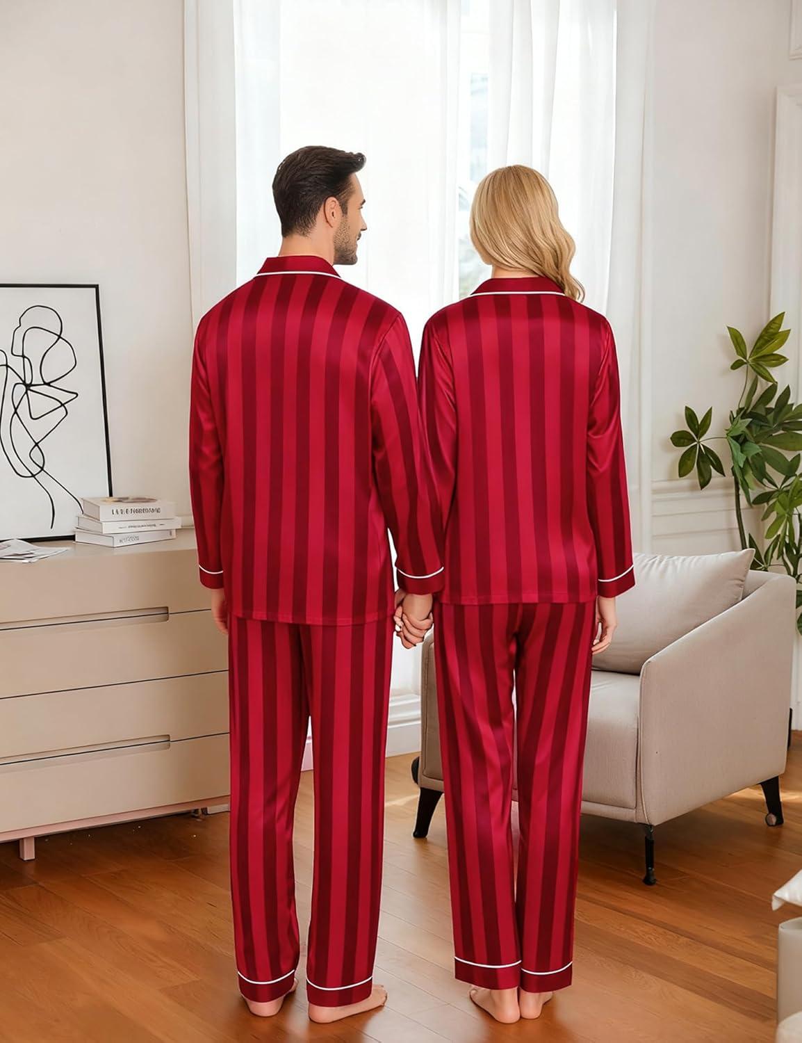 imageSWOMOG Family Matching Pajamas Set Silk Satin Button Down Sleepwear Long Sleeve Nightwear 2 Pcs Pj SetRed Striped