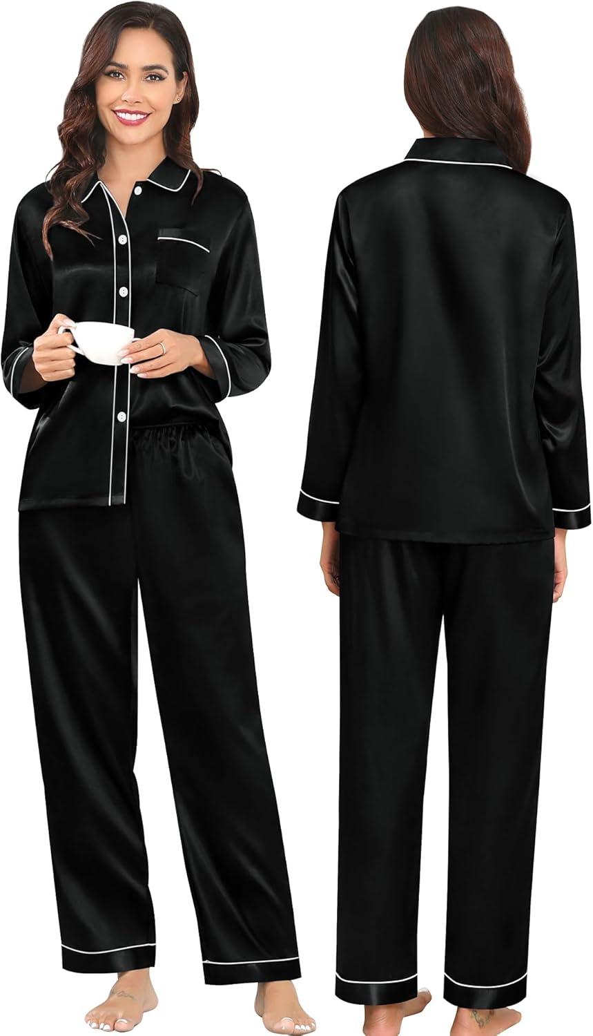 imageSWOMOG Family Matching Pajamas Set Silk Satin Button Down Sleepwear Long Sleeve Nightwear 2 Pcs Pj SetZ Double Piping Black