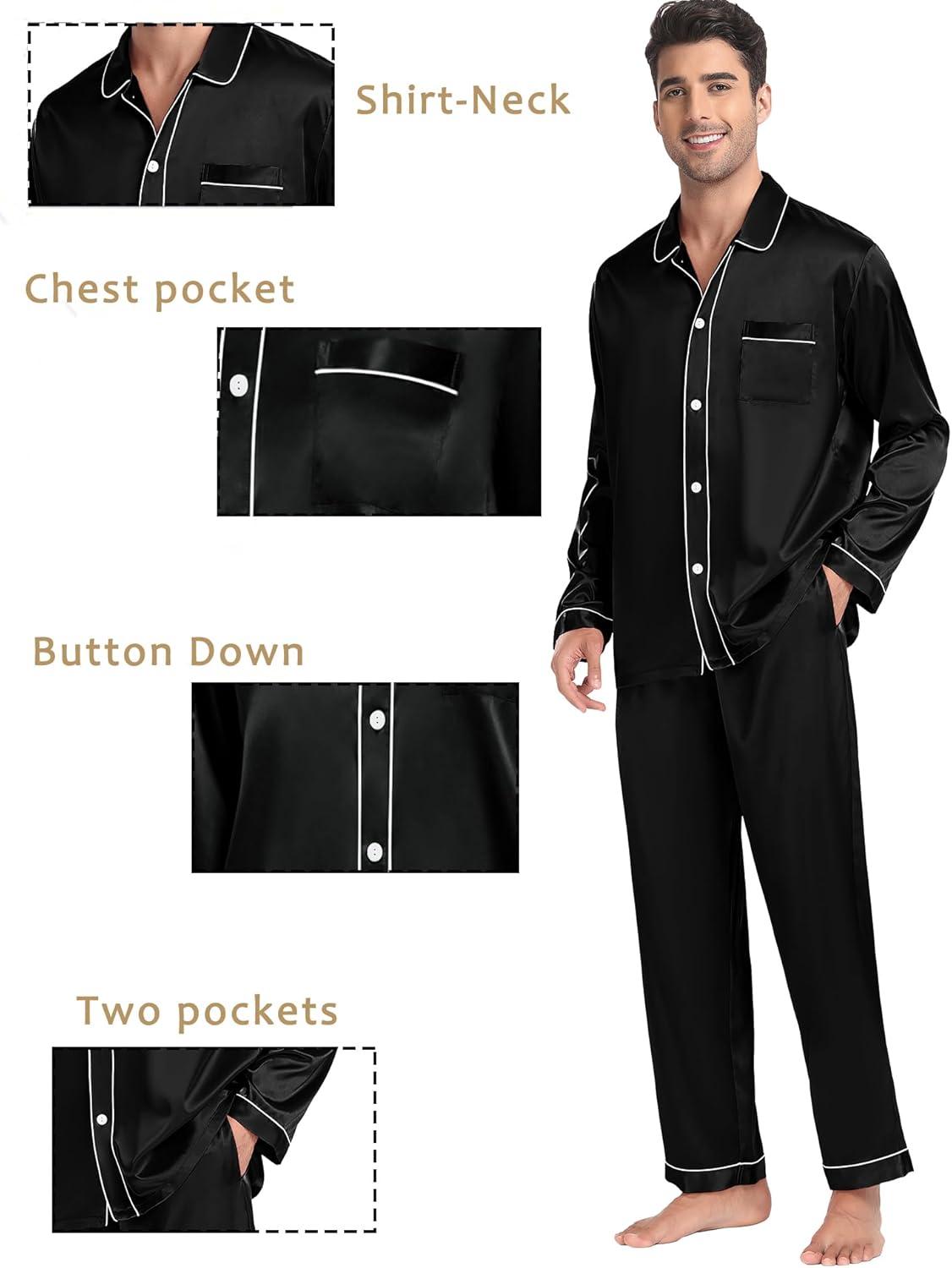 imageSWOMOG Family Matching Pajamas Set Silk Satin Button Down Sleepwear Long Sleeve Nightwear 2 Pcs Pj SetZ Double Piping Black