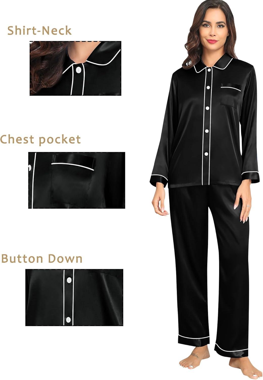 imageSWOMOG Family Matching Pajamas Set Silk Satin Button Down Sleepwear Long Sleeve Nightwear 2 Pcs Pj SetZ Double Piping Black