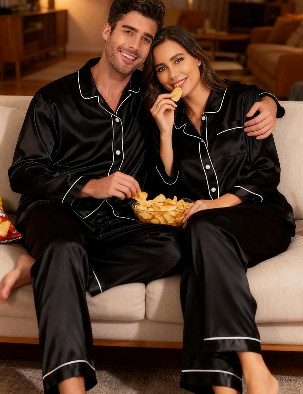 imageSWOMOG Family Matching Pajamas Set Silk Satin Button Down Sleepwear Long Sleeve Nightwear 2 Pcs Pj SetZ Double Piping Black