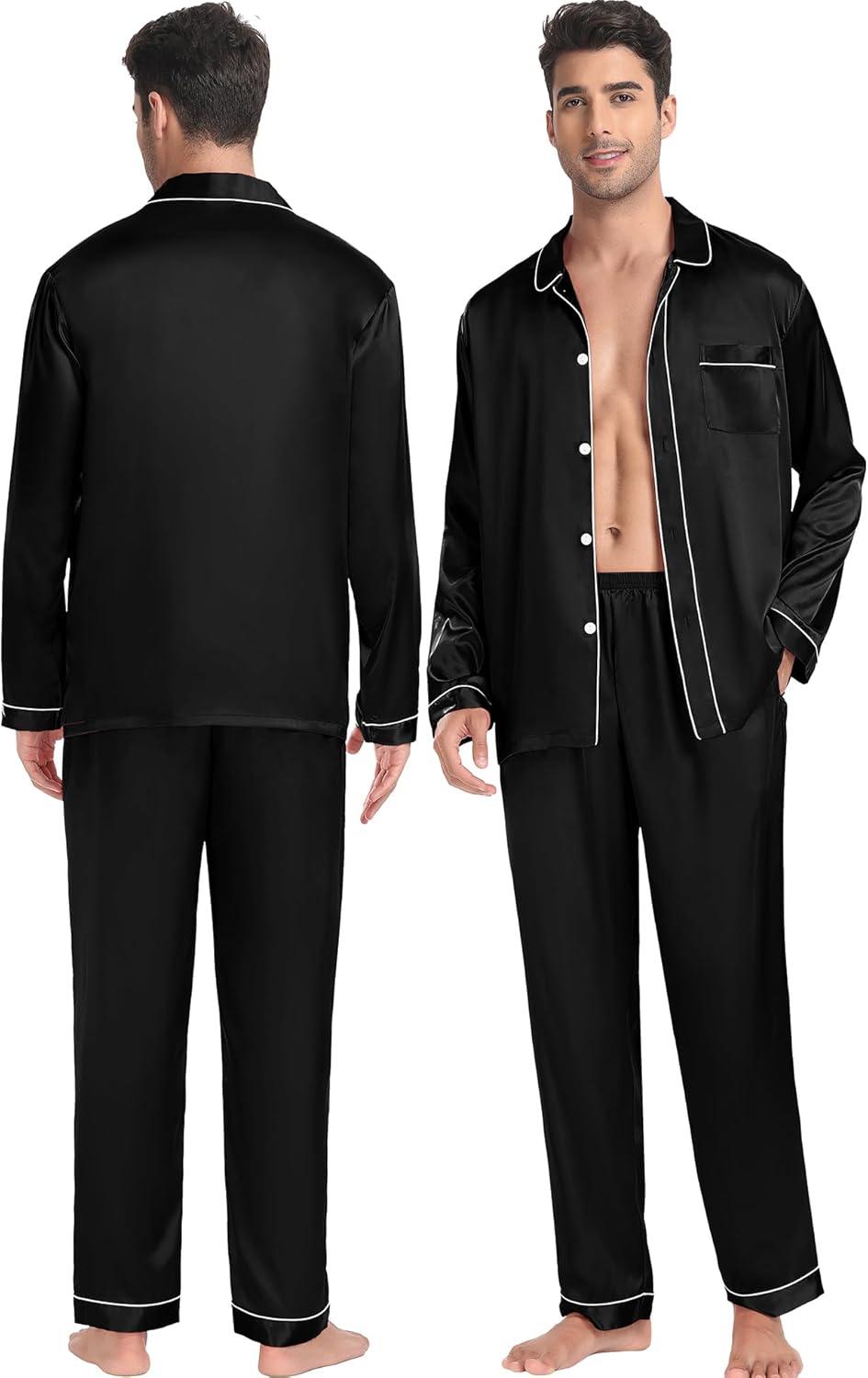 imageSWOMOG Family Matching Pajamas Set Silk Satin Button Down Sleepwear Long Sleeve Nightwear 2 Pcs Pj SetZ Double Piping Black