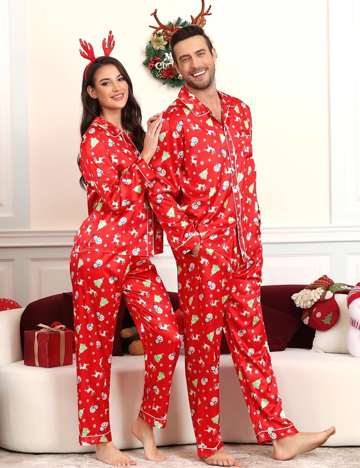 imageSWOMOG Family Matching Pajamas Set Silk Satin Button Down Sleepwear Long Sleeve Nightwear 2 Pcs Pj SetZ Double Piping Christmas Red