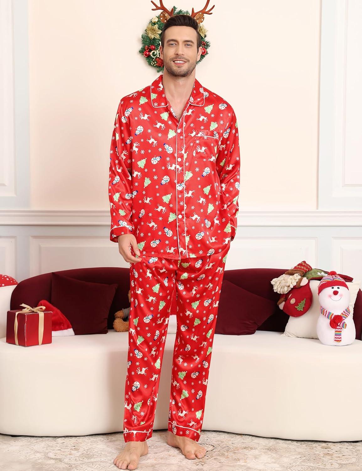 imageSWOMOG Family Matching Pajamas Set Silk Satin Button Down Sleepwear Long Sleeve Nightwear 2 Pcs Pj SetZ Double Piping Christmas Red