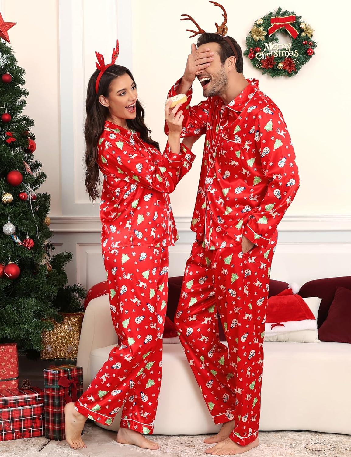 imageSWOMOG Family Matching Pajamas Set Silk Satin Button Down Sleepwear Long Sleeve Nightwear 2 Pcs Pj SetZ Double Piping Christmas Red