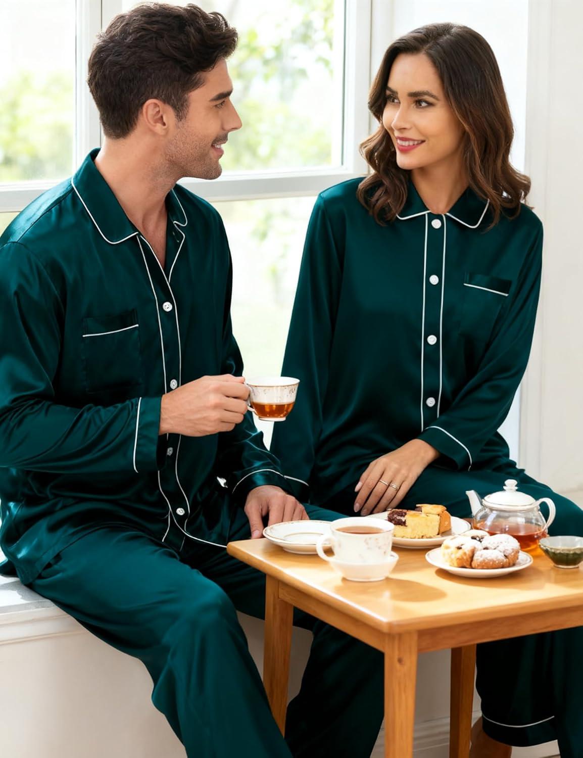 imageSWOMOG Family Matching Pajamas Set Silk Satin Button Down Sleepwear Long Sleeve Nightwear 2 Pcs Pj SetZ Double Piping Deep Green