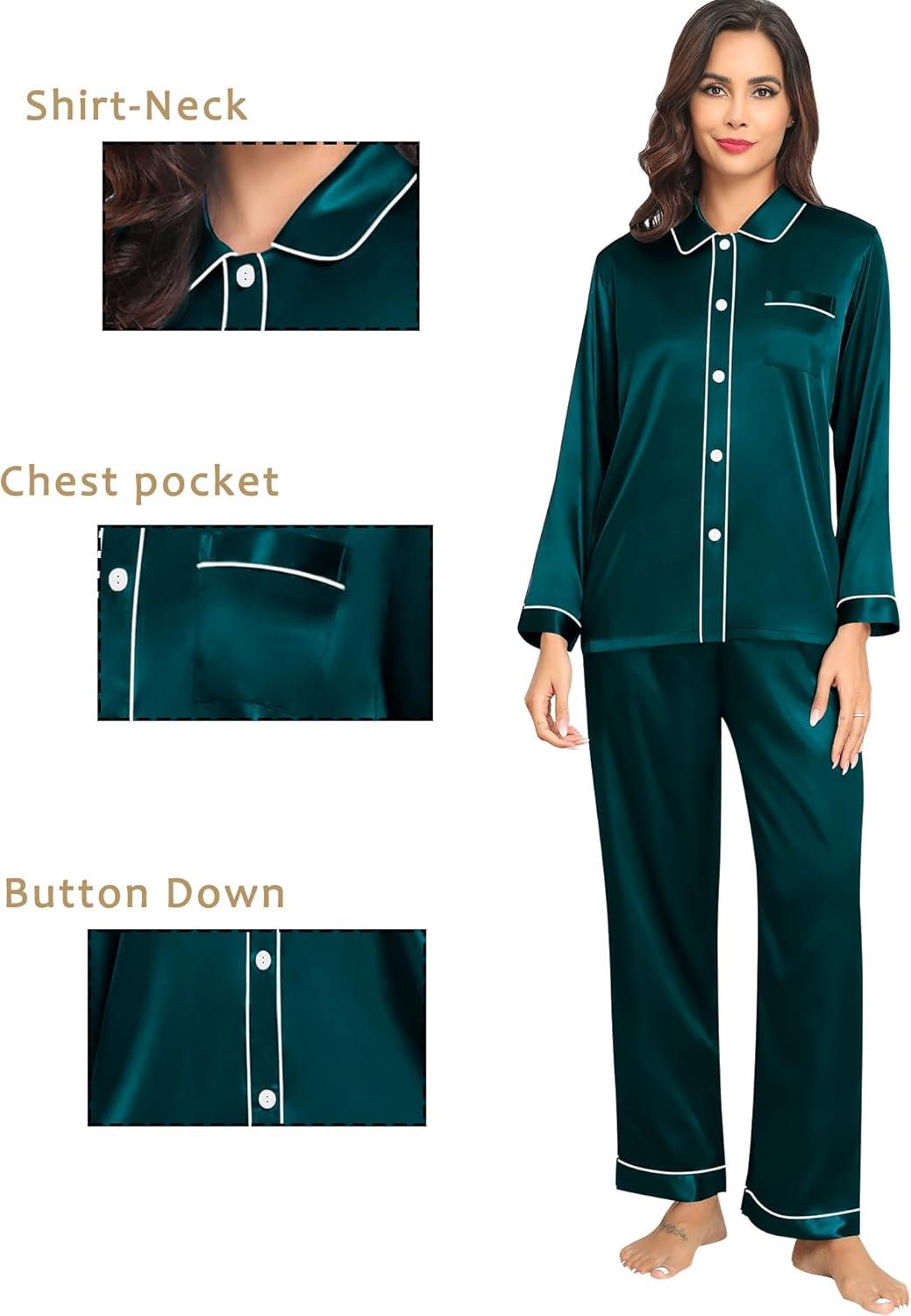 imageSWOMOG Family Matching Pajamas Set Silk Satin Button Down Sleepwear Long Sleeve Nightwear 2 Pcs Pj SetZ Double Piping Deep Green