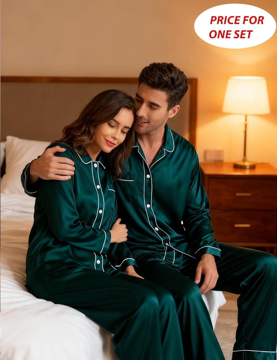 imageSWOMOG Family Matching Pajamas Set Silk Satin Button Down Sleepwear Long Sleeve Nightwear 2 Pcs Pj SetZ Double Piping Deep Green