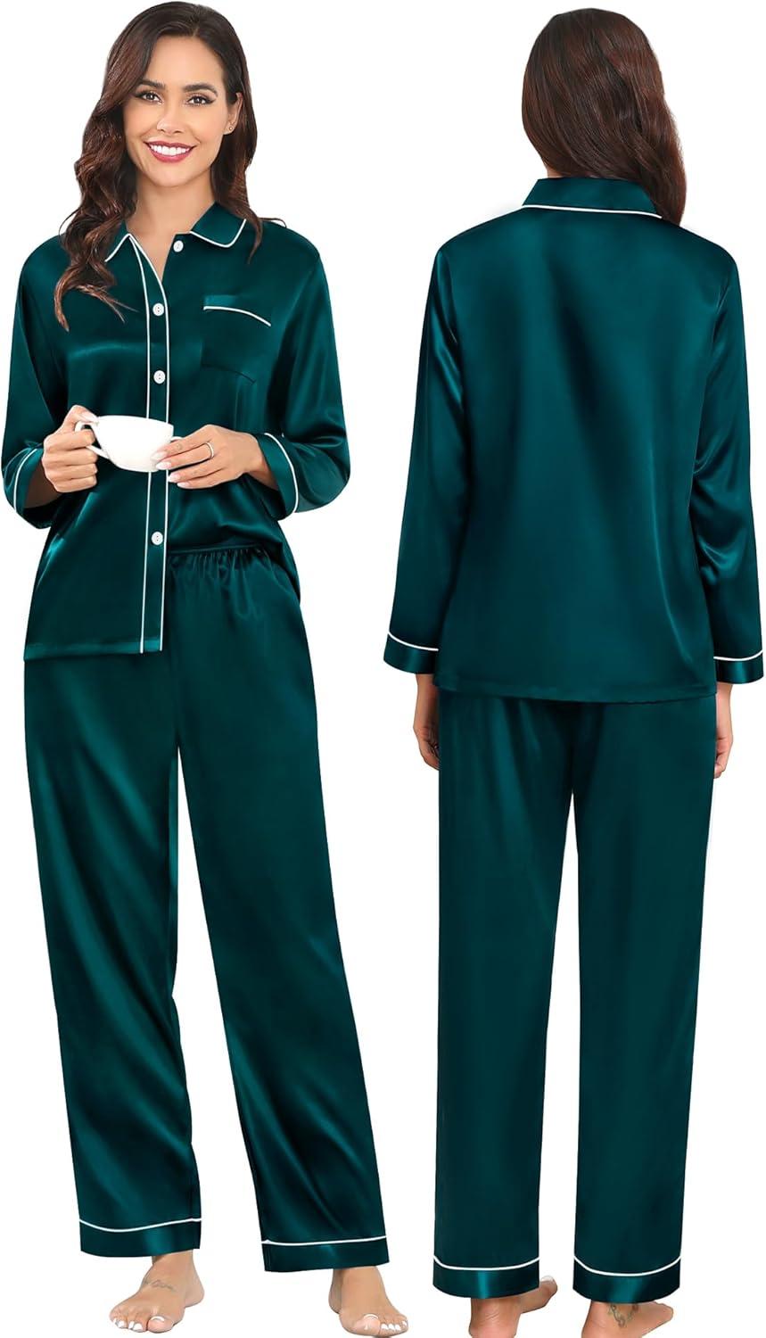 imageSWOMOG Family Matching Pajamas Set Silk Satin Button Down Sleepwear Long Sleeve Nightwear 2 Pcs Pj SetZ Double Piping Deep Green