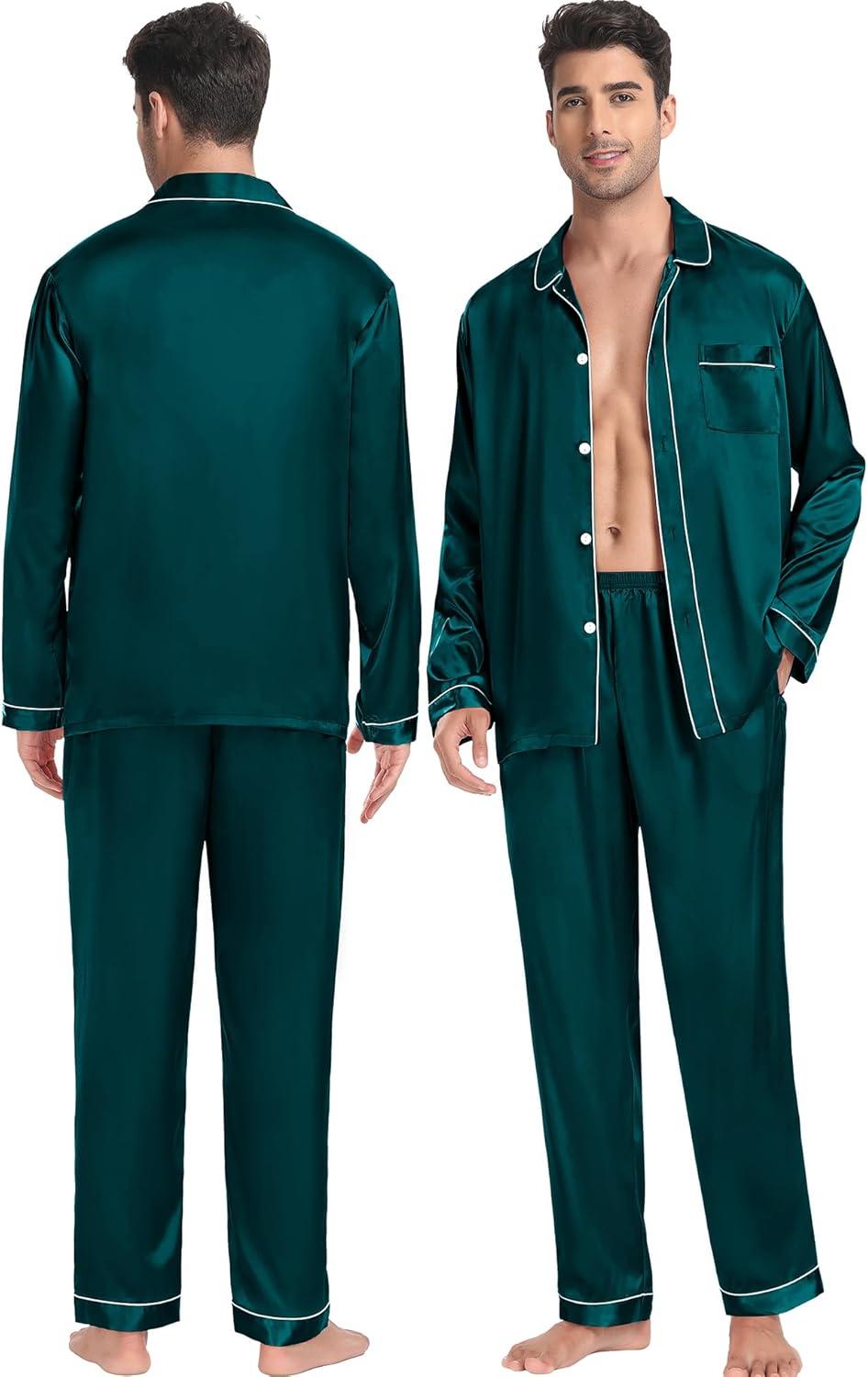 imageSWOMOG Family Matching Pajamas Set Silk Satin Button Down Sleepwear Long Sleeve Nightwear 2 Pcs Pj SetZ Double Piping Deep Green