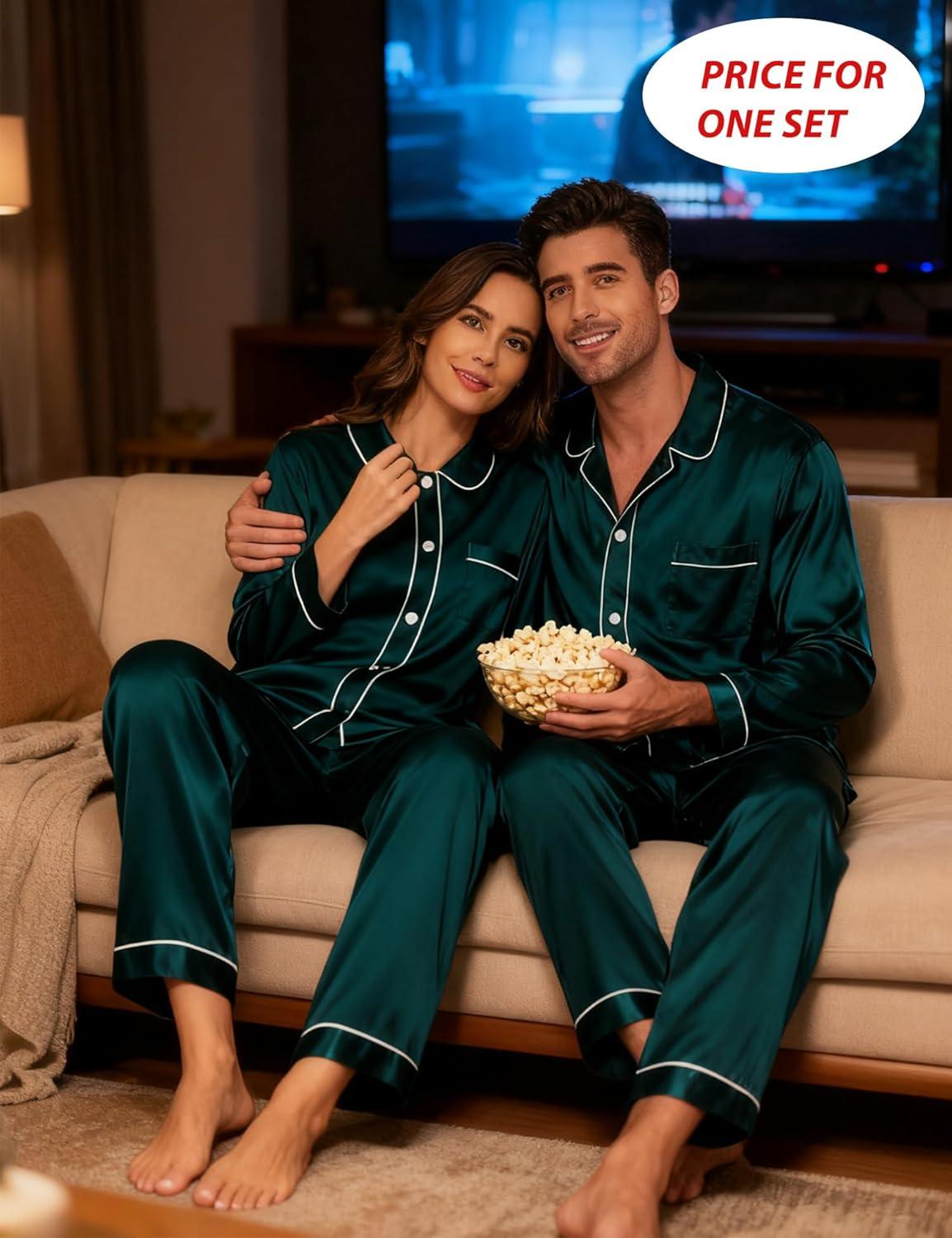 imageSWOMOG Family Matching Pajamas Set Silk Satin Button Down Sleepwear Long Sleeve Nightwear 2 Pcs Pj SetZ Double Piping Deep Green