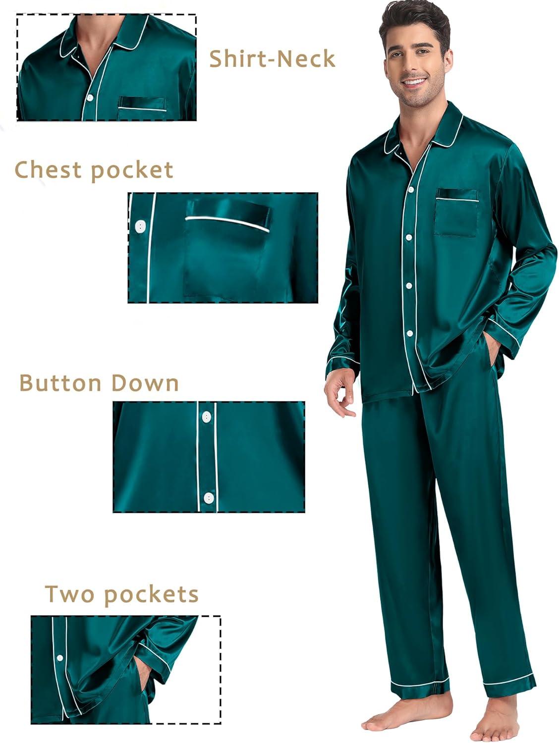 imageSWOMOG Family Matching Pajamas Set Silk Satin Button Down Sleepwear Long Sleeve Nightwear 2 Pcs Pj SetZ Double Piping Deep Green