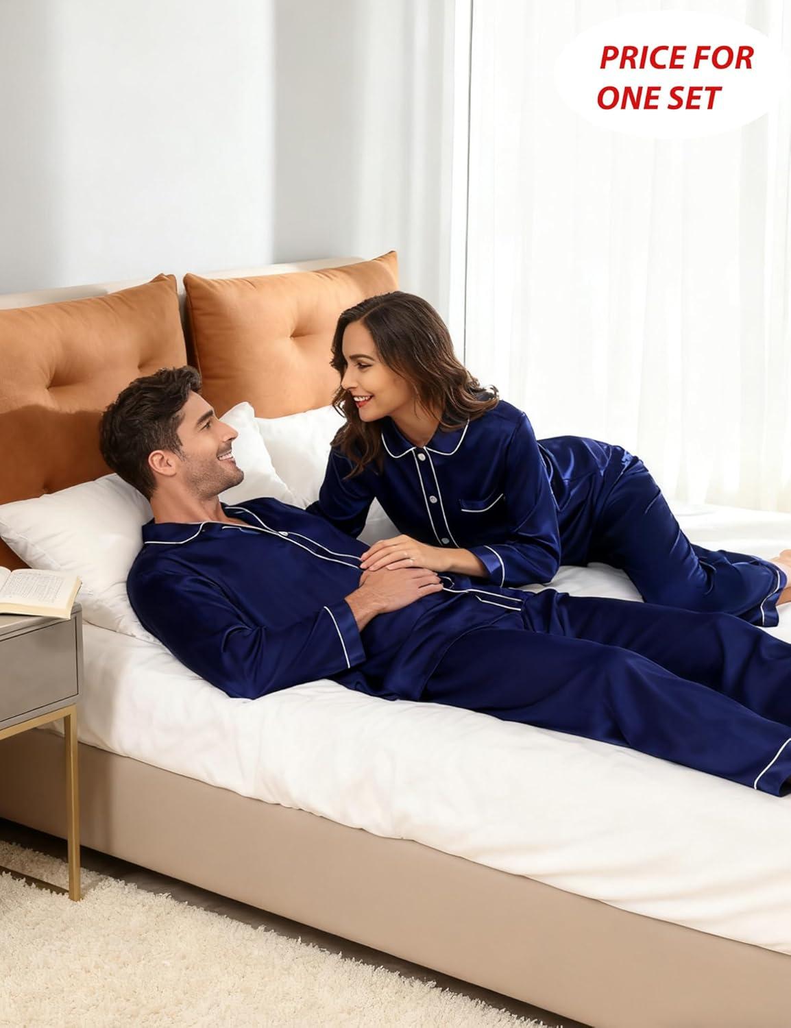 imageSWOMOG Family Matching Pajamas Set Silk Satin Button Down Sleepwear Long Sleeve Nightwear 2 Pcs Pj SetZ Double Piping Deep Navy Blue