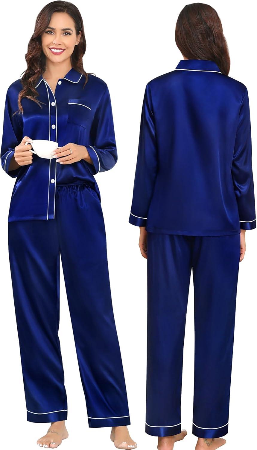 imageSWOMOG Family Matching Pajamas Set Silk Satin Button Down Sleepwear Long Sleeve Nightwear 2 Pcs Pj SetZ Double Piping Deep Navy Blue