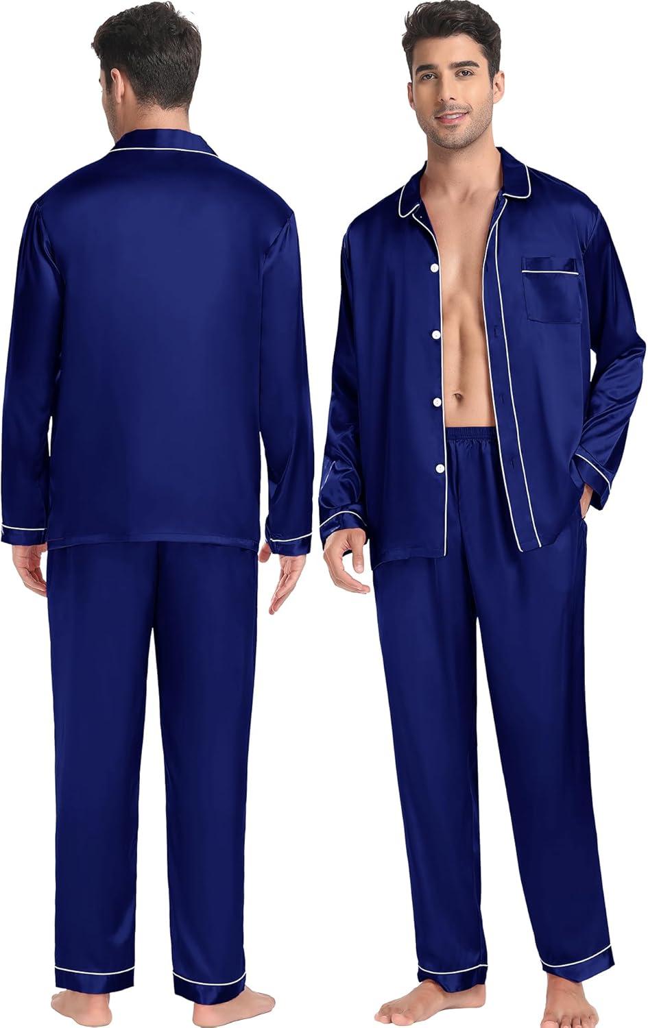 imageSWOMOG Family Matching Pajamas Set Silk Satin Button Down Sleepwear Long Sleeve Nightwear 2 Pcs Pj SetZ Double Piping Deep Navy Blue