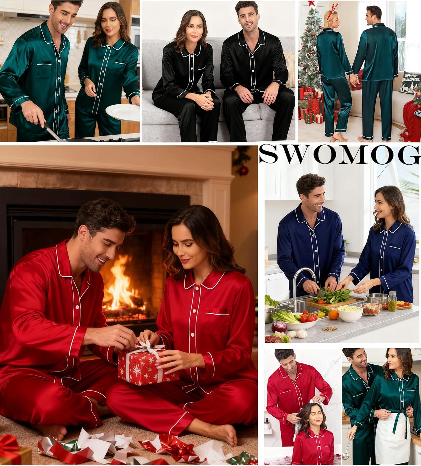 imageSWOMOG Family Matching Pajamas Set Silk Satin Button Down Sleepwear Long Sleeve Nightwear 2 Pcs Pj SetZ Double Piping Deep Navy Blue