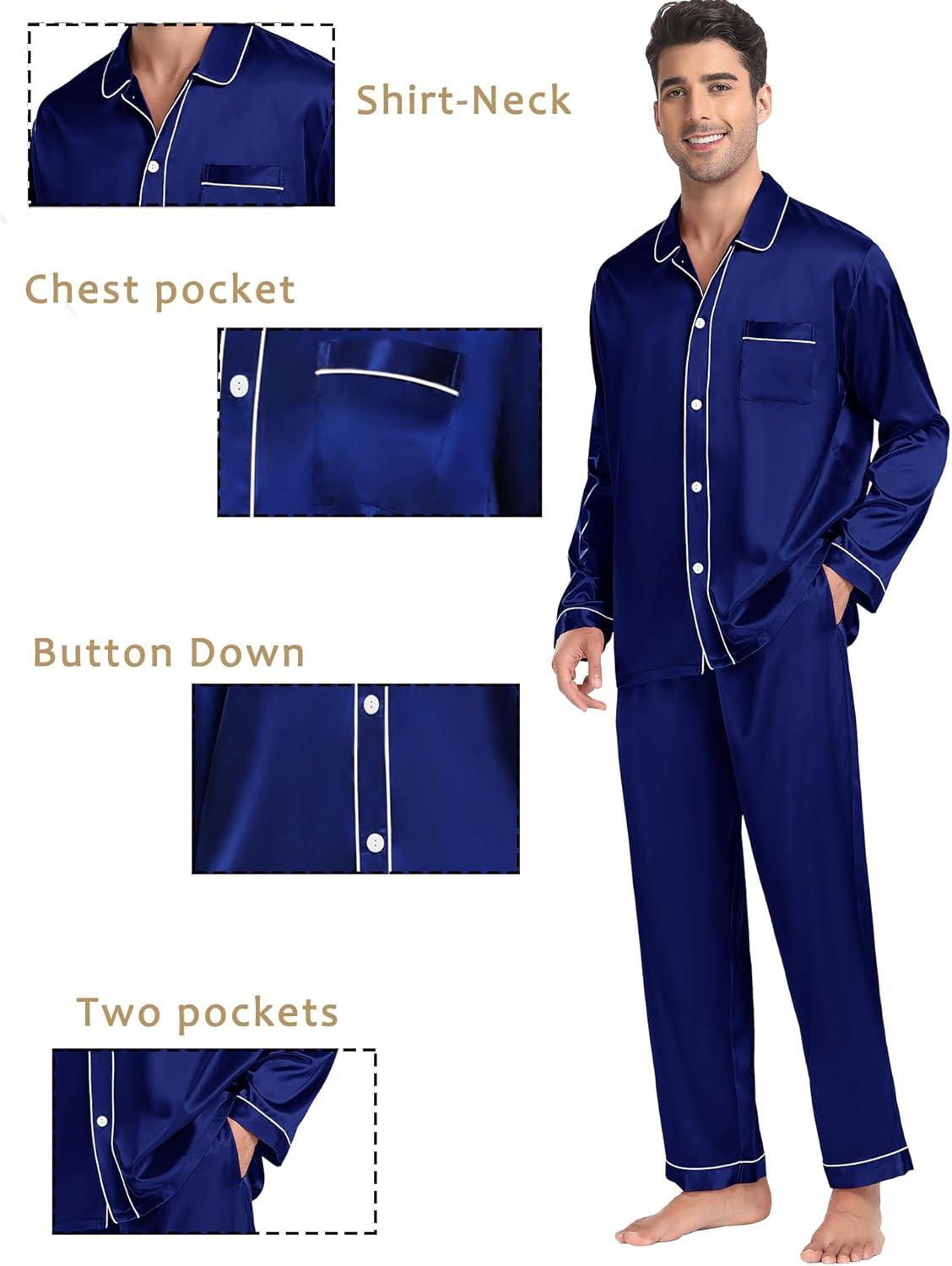 imageSWOMOG Family Matching Pajamas Set Silk Satin Button Down Sleepwear Long Sleeve Nightwear 2 Pcs Pj SetZ Double Piping Deep Navy Blue