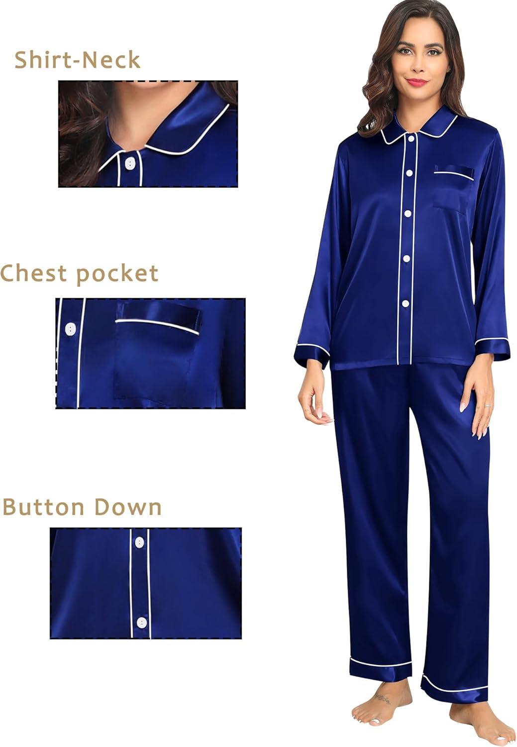 imageSWOMOG Family Matching Pajamas Set Silk Satin Button Down Sleepwear Long Sleeve Nightwear 2 Pcs Pj SetZ Double Piping Deep Navy Blue