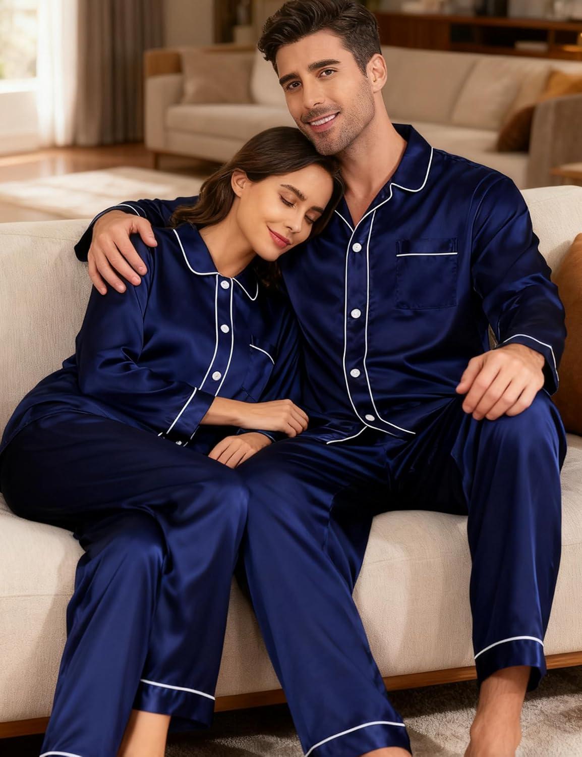 imageSWOMOG Family Matching Pajamas Set Silk Satin Button Down Sleepwear Long Sleeve Nightwear 2 Pcs Pj SetZ Double Piping Deep Navy Blue