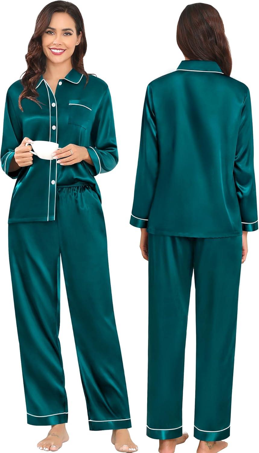 imageSWOMOG Family Matching Pajamas Set Silk Satin Button Down Sleepwear Long Sleeve Nightwear 2 Pcs Pj SetZ Double Piping Green
