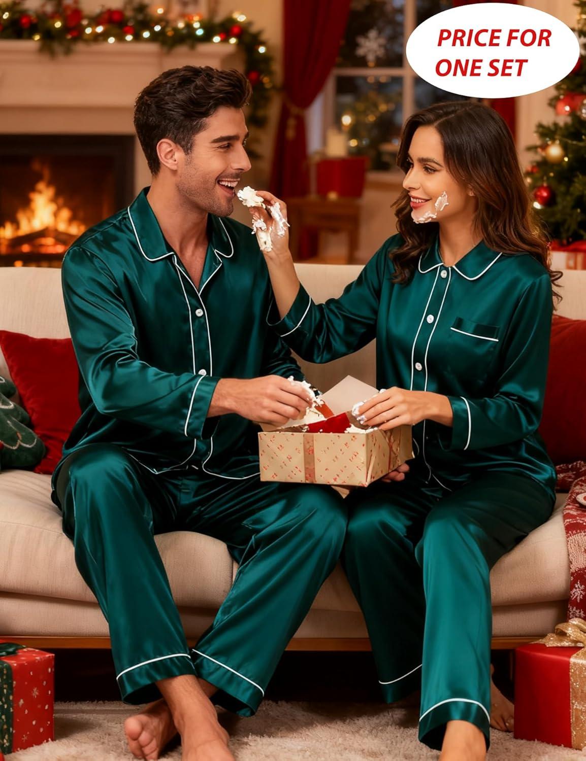 imageSWOMOG Family Matching Pajamas Set Silk Satin Button Down Sleepwear Long Sleeve Nightwear 2 Pcs Pj SetZ Double Piping Green