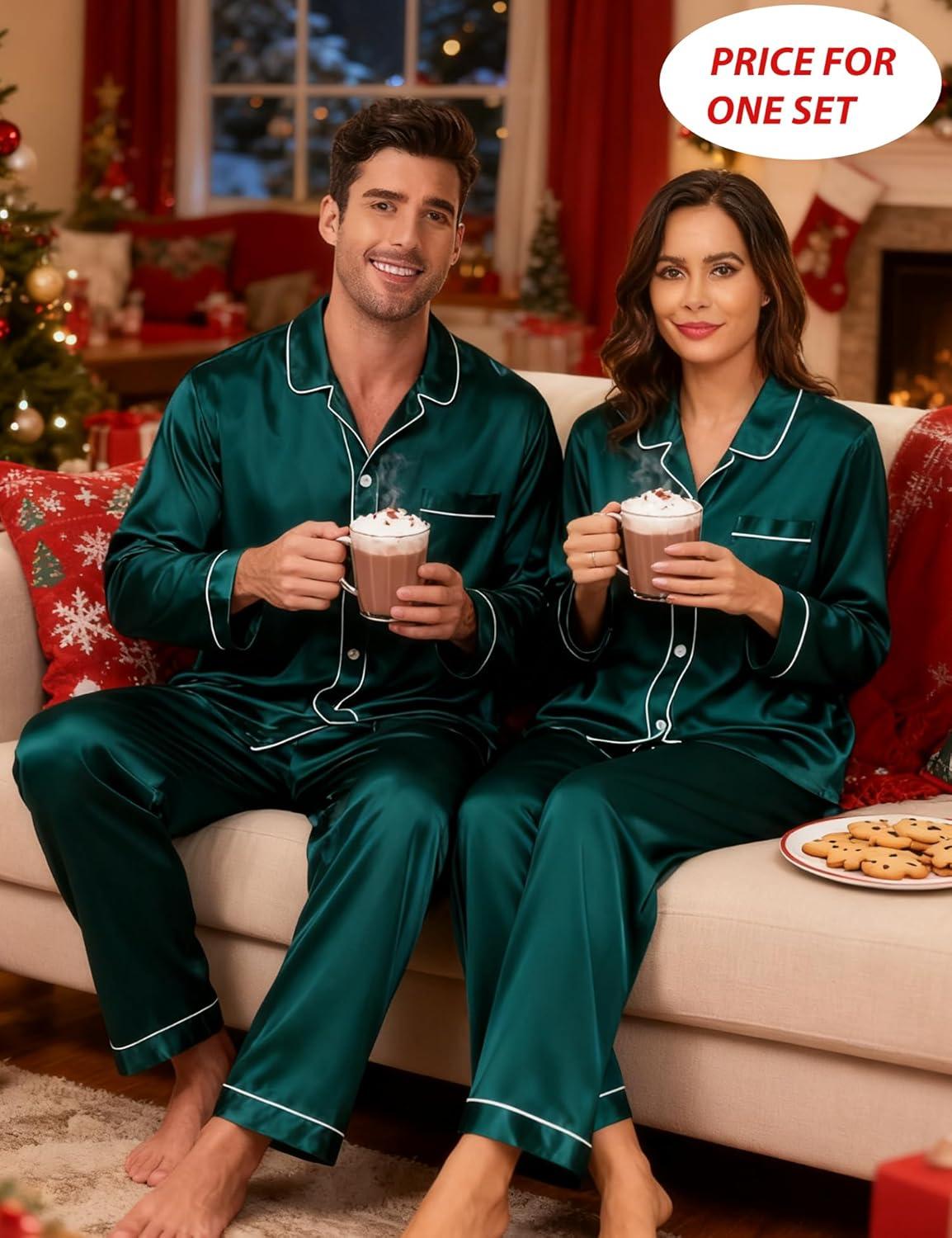 imageSWOMOG Family Matching Pajamas Set Silk Satin Button Down Sleepwear Long Sleeve Nightwear 2 Pcs Pj SetZ Double Piping Green