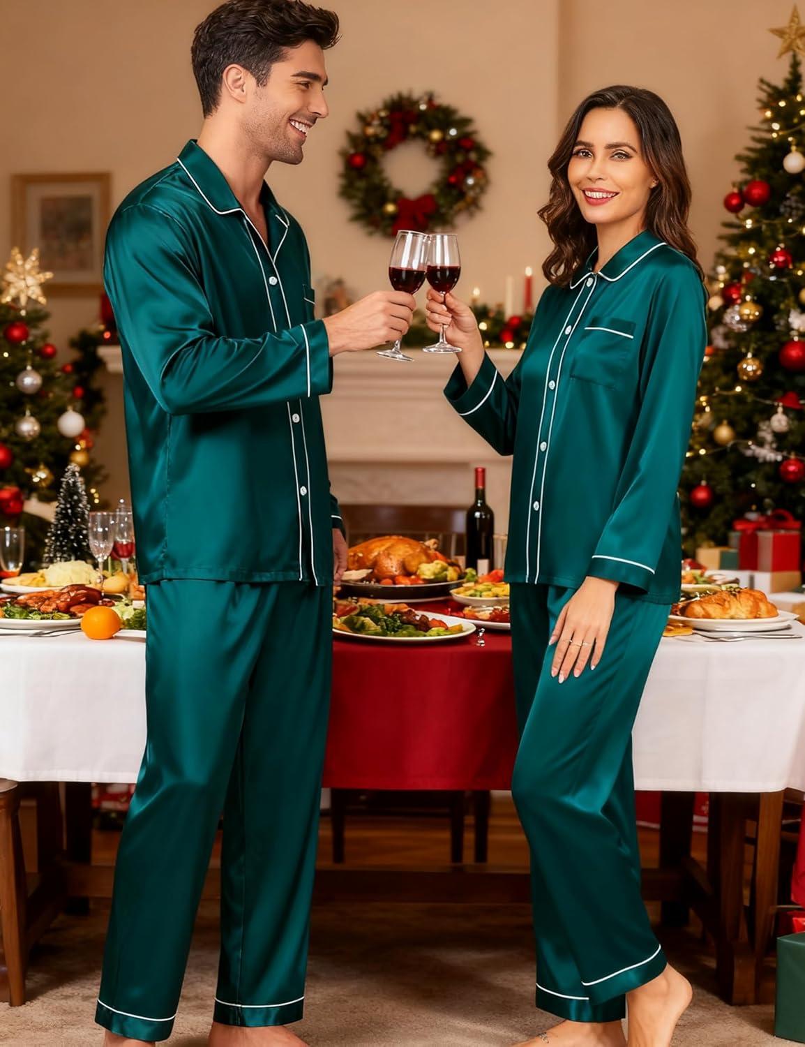 imageSWOMOG Family Matching Pajamas Set Silk Satin Button Down Sleepwear Long Sleeve Nightwear 2 Pcs Pj SetZ Double Piping Green