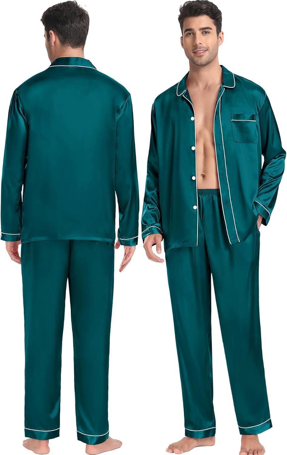 imageSWOMOG Family Matching Pajamas Set Silk Satin Button Down Sleepwear Long Sleeve Nightwear 2 Pcs Pj SetZ Double Piping Green