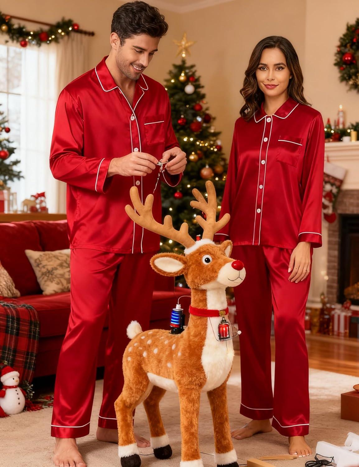 imageSWOMOG Family Matching Pajamas Set Silk Satin Button Down Sleepwear Long Sleeve Nightwear 2 Pcs Pj SetZ Double Piping Red