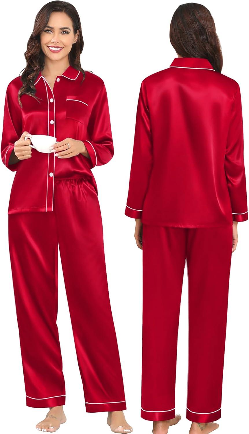 imageSWOMOG Family Matching Pajamas Set Silk Satin Button Down Sleepwear Long Sleeve Nightwear 2 Pcs Pj SetZ Double Piping Red