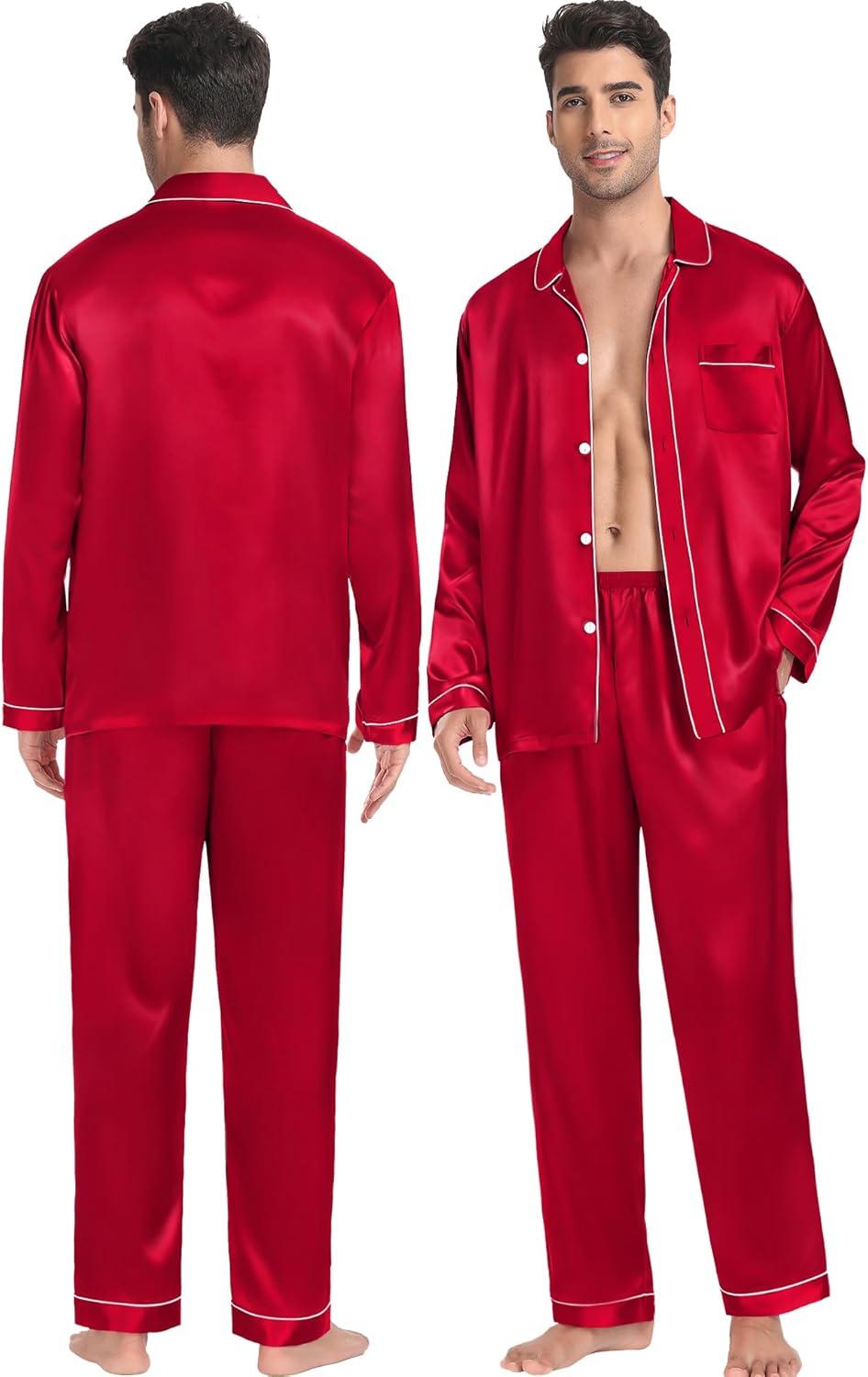 imageSWOMOG Family Matching Pajamas Set Silk Satin Button Down Sleepwear Long Sleeve Nightwear 2 Pcs Pj SetZ Double Piping Red