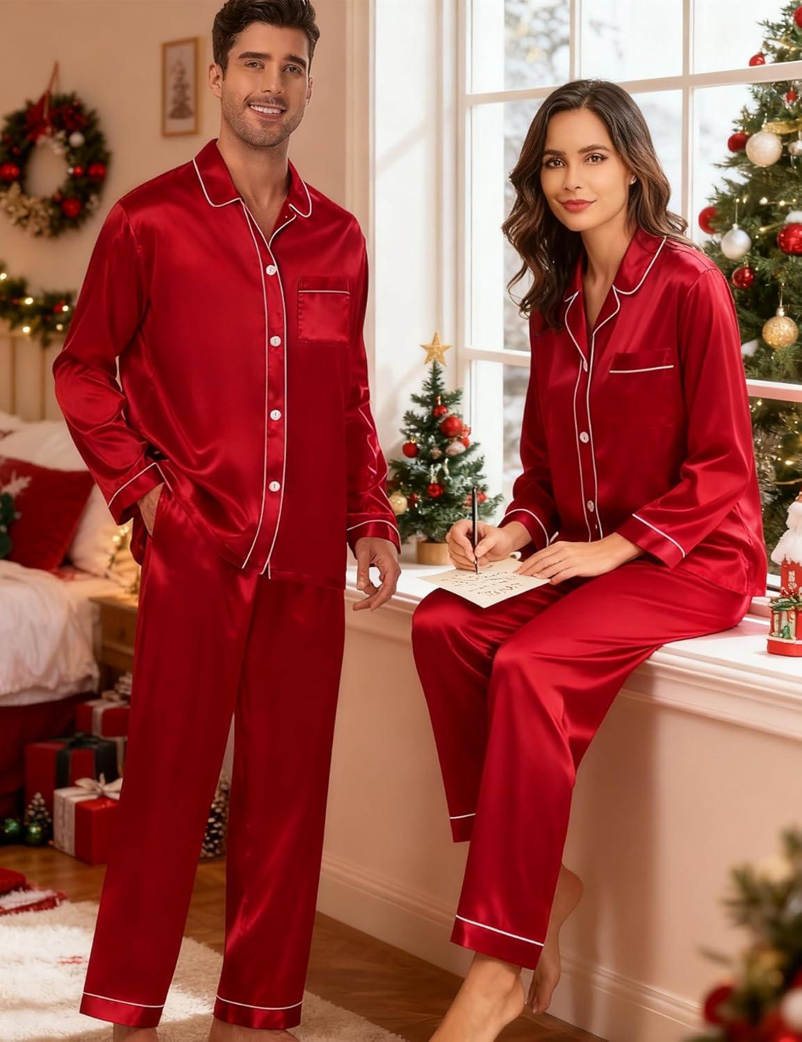 imageSWOMOG Family Matching Pajamas Set Silk Satin Button Down Sleepwear Long Sleeve Nightwear 2 Pcs Pj SetZ Double Piping Red