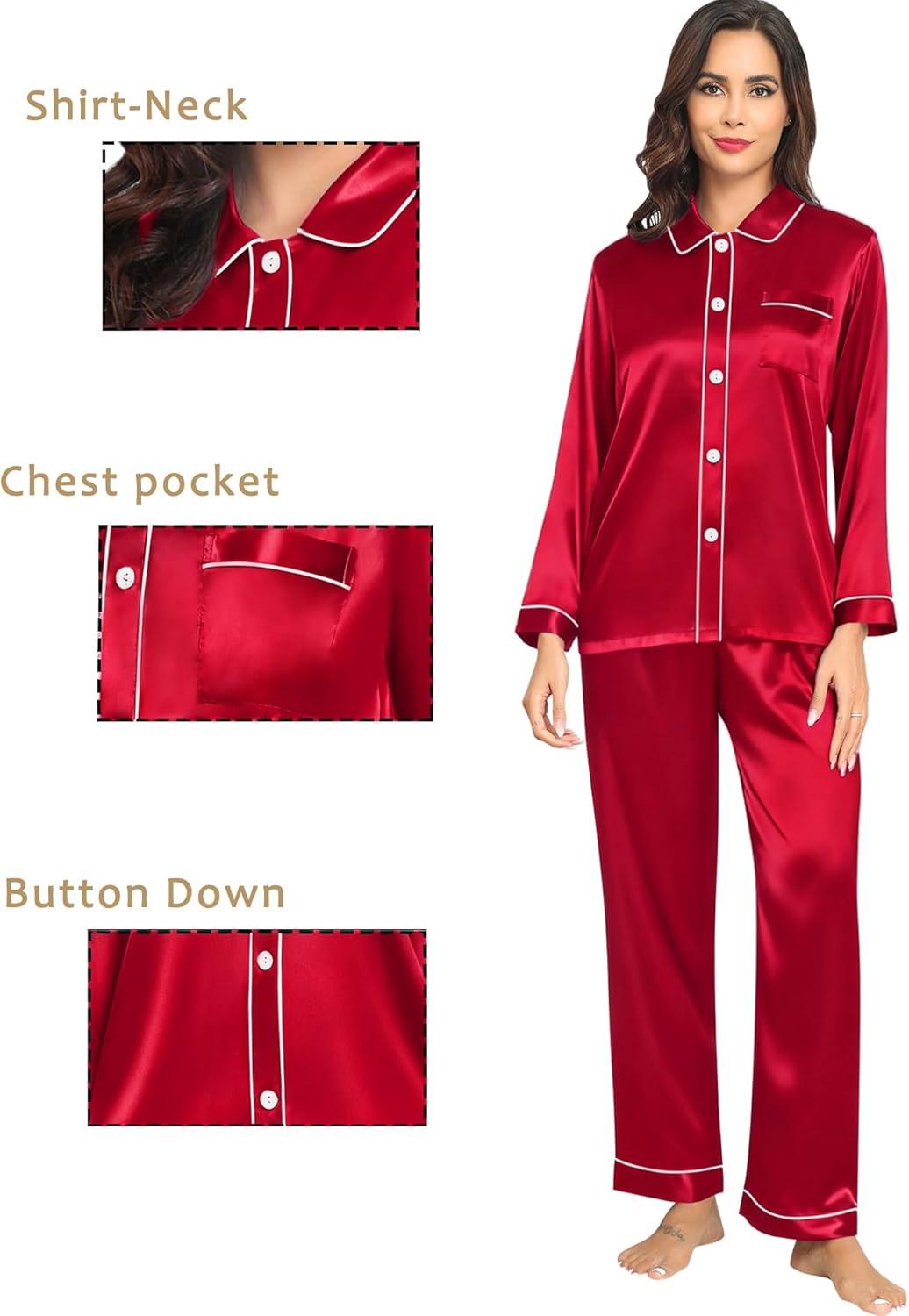 imageSWOMOG Family Matching Pajamas Set Silk Satin Button Down Sleepwear Long Sleeve Nightwear 2 Pcs Pj SetZ Double Piping Red