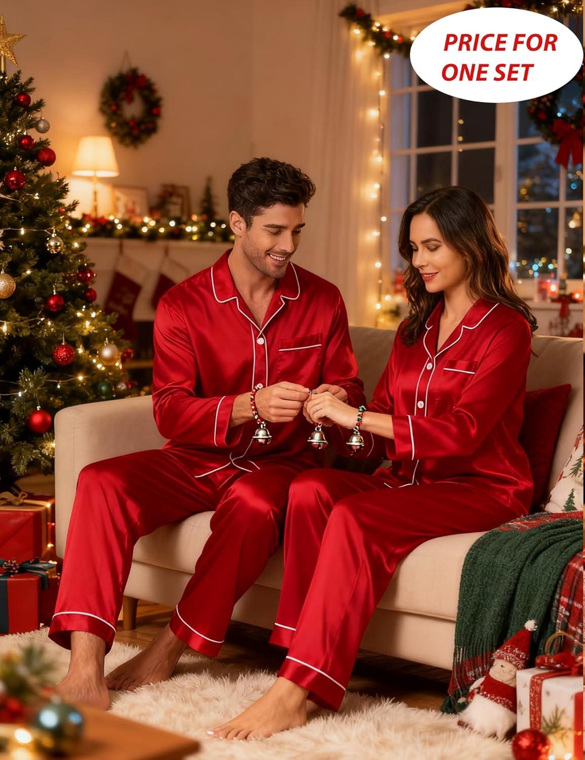 imageSWOMOG Family Matching Pajamas Set Silk Satin Button Down Sleepwear Long Sleeve Nightwear 2 Pcs Pj SetZ Double Piping Red