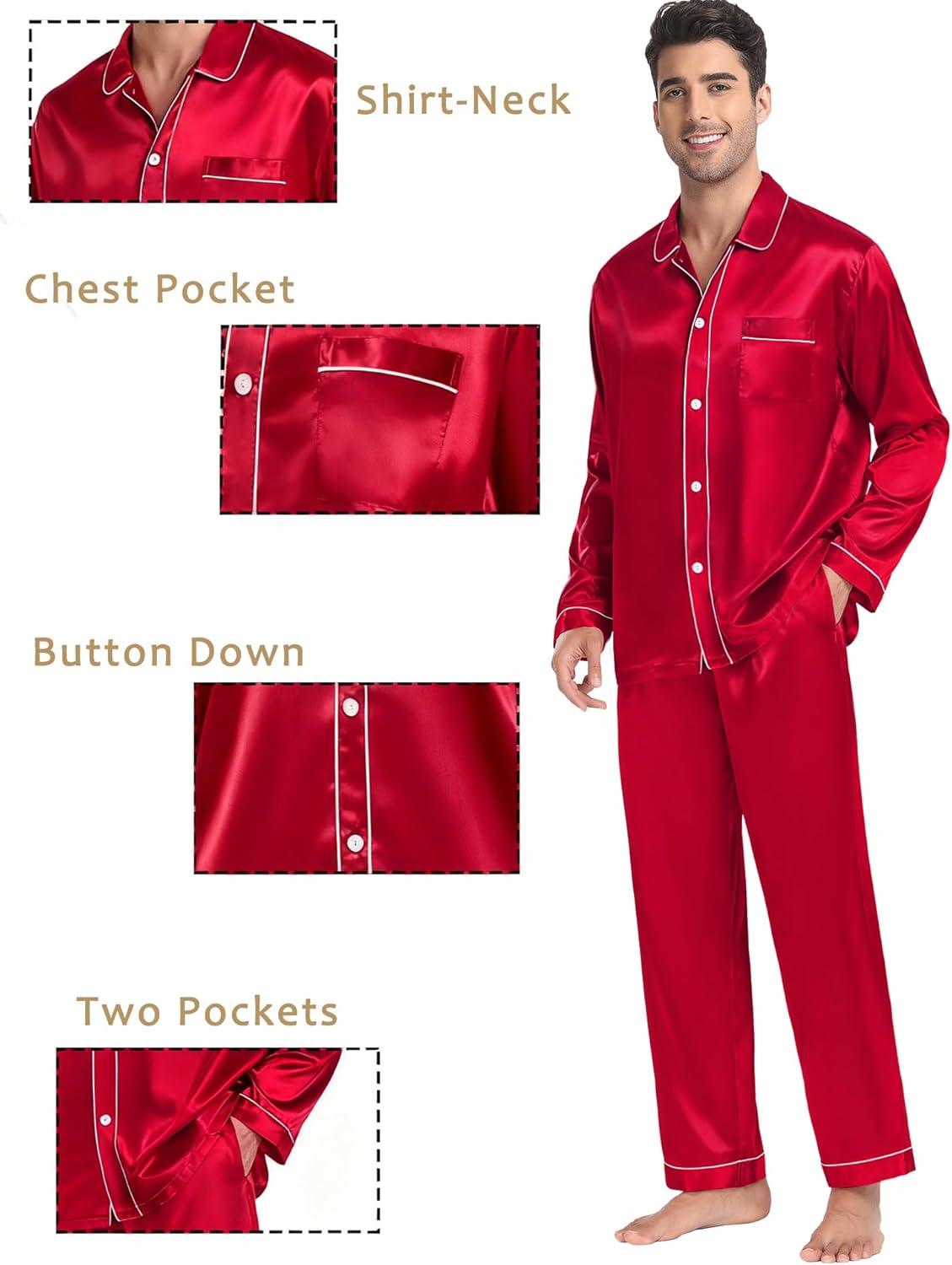 imageSWOMOG Family Matching Pajamas Set Silk Satin Button Down Sleepwear Long Sleeve Nightwear 2 Pcs Pj SetZ Double Piping Red