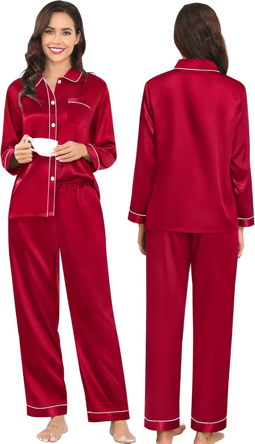 imageSWOMOG Family Matching Pajamas Set Silk Satin Button Down Sleepwear Long Sleeve Nightwear 2 Pcs Pj SetZ Double Piping Scarlet Red
