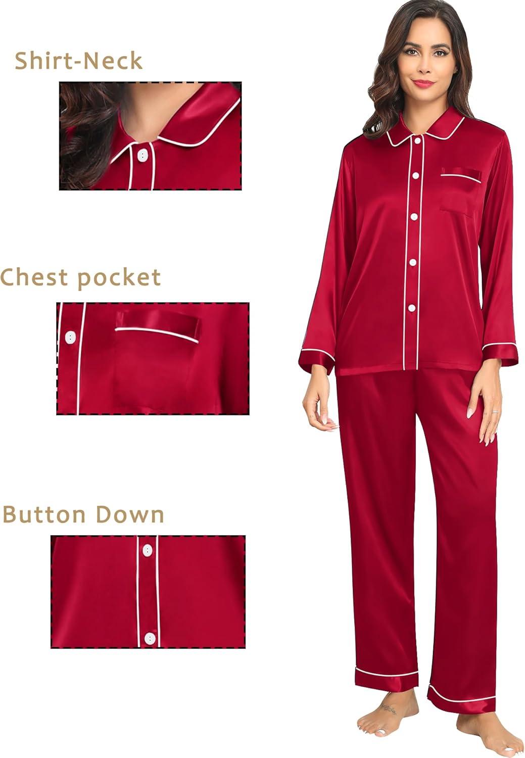imageSWOMOG Family Matching Pajamas Set Silk Satin Button Down Sleepwear Long Sleeve Nightwear 2 Pcs Pj SetZ Double Piping Scarlet Red