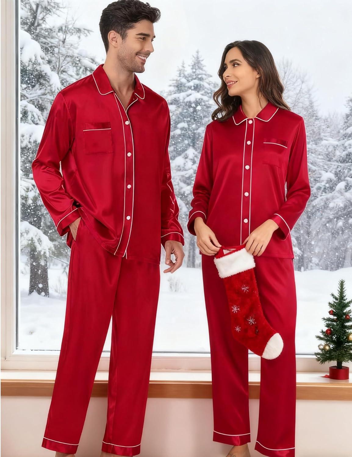 imageSWOMOG Family Matching Pajamas Set Silk Satin Button Down Sleepwear Long Sleeve Nightwear 2 Pcs Pj SetZ Double Piping Scarlet Red