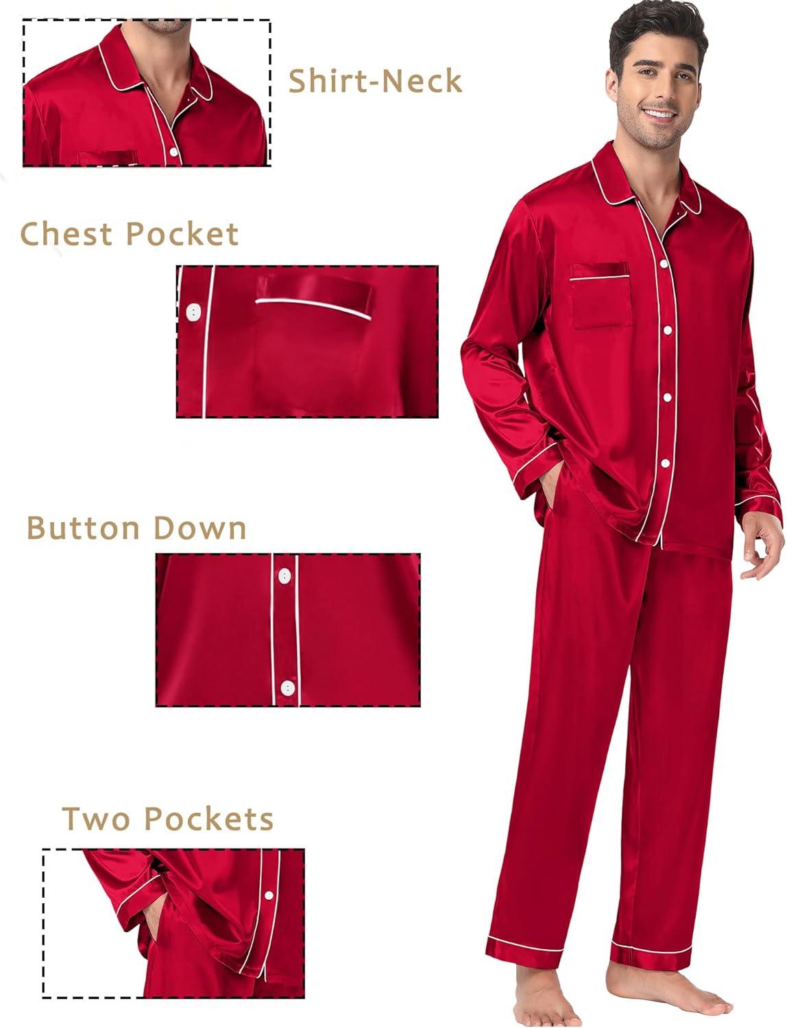imageSWOMOG Family Matching Pajamas Set Silk Satin Button Down Sleepwear Long Sleeve Nightwear 2 Pcs Pj SetZ Double Piping Scarlet Red