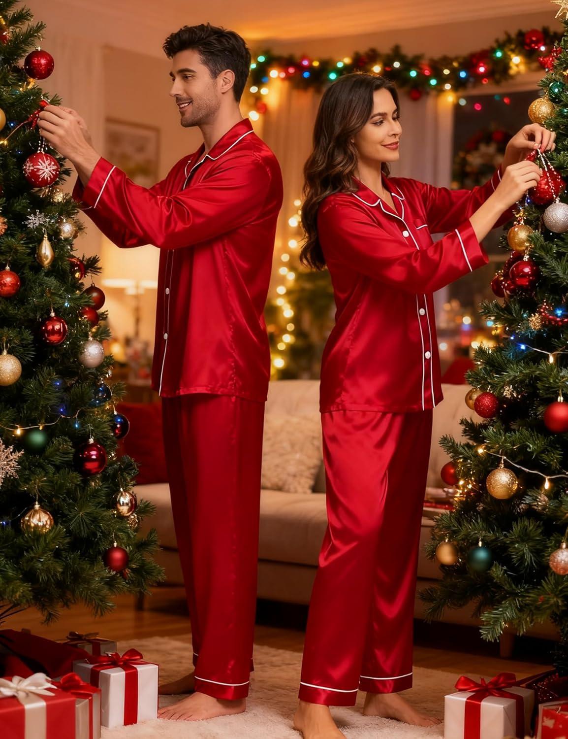 imageSWOMOG Family Matching Pajamas Set Silk Satin Button Down Sleepwear Long Sleeve Nightwear 2 Pcs Pj SetZ Double Piping Scarlet Red
