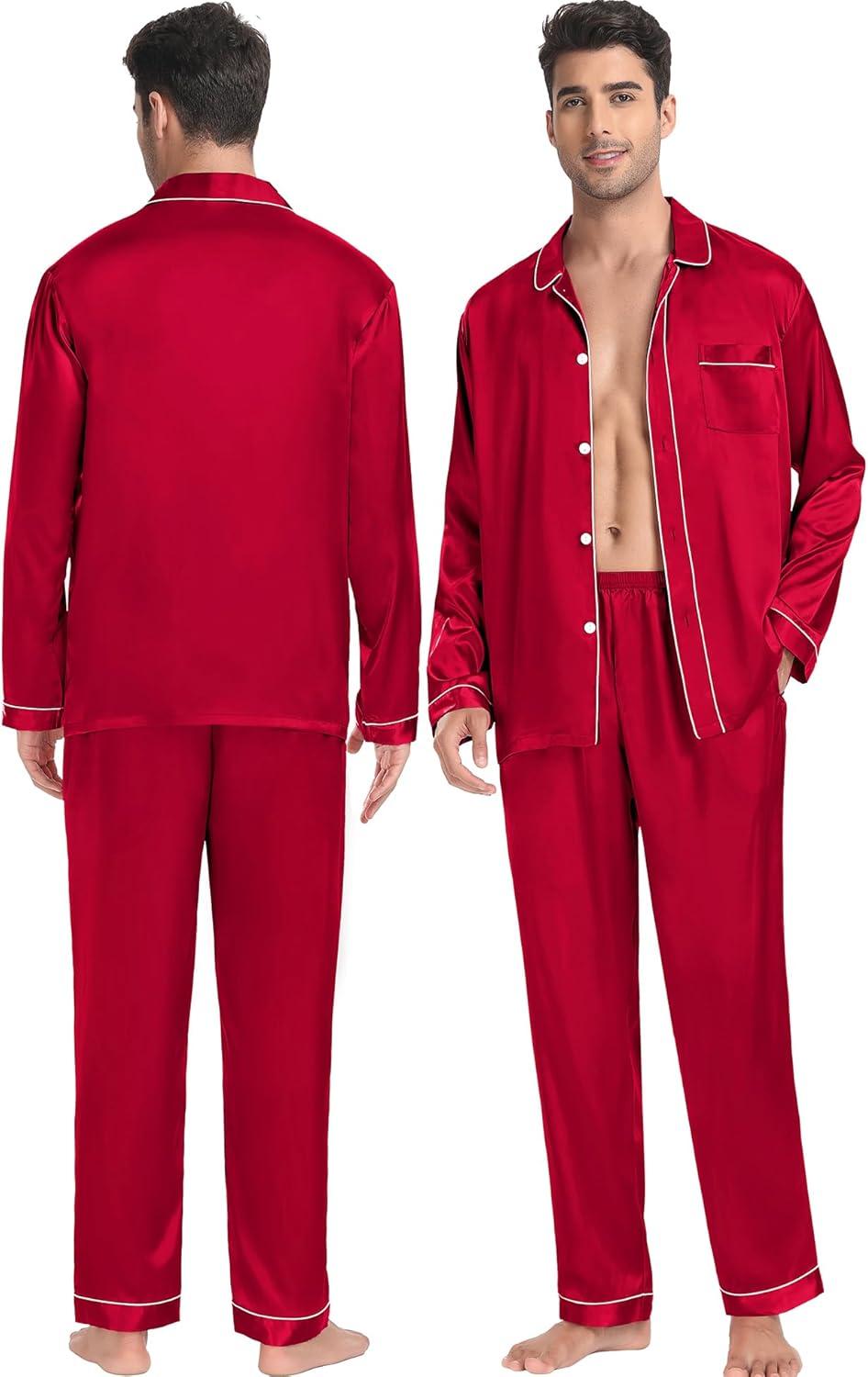 imageSWOMOG Family Matching Pajamas Set Silk Satin Button Down Sleepwear Long Sleeve Nightwear 2 Pcs Pj SetZ Double Piping Scarlet Red
