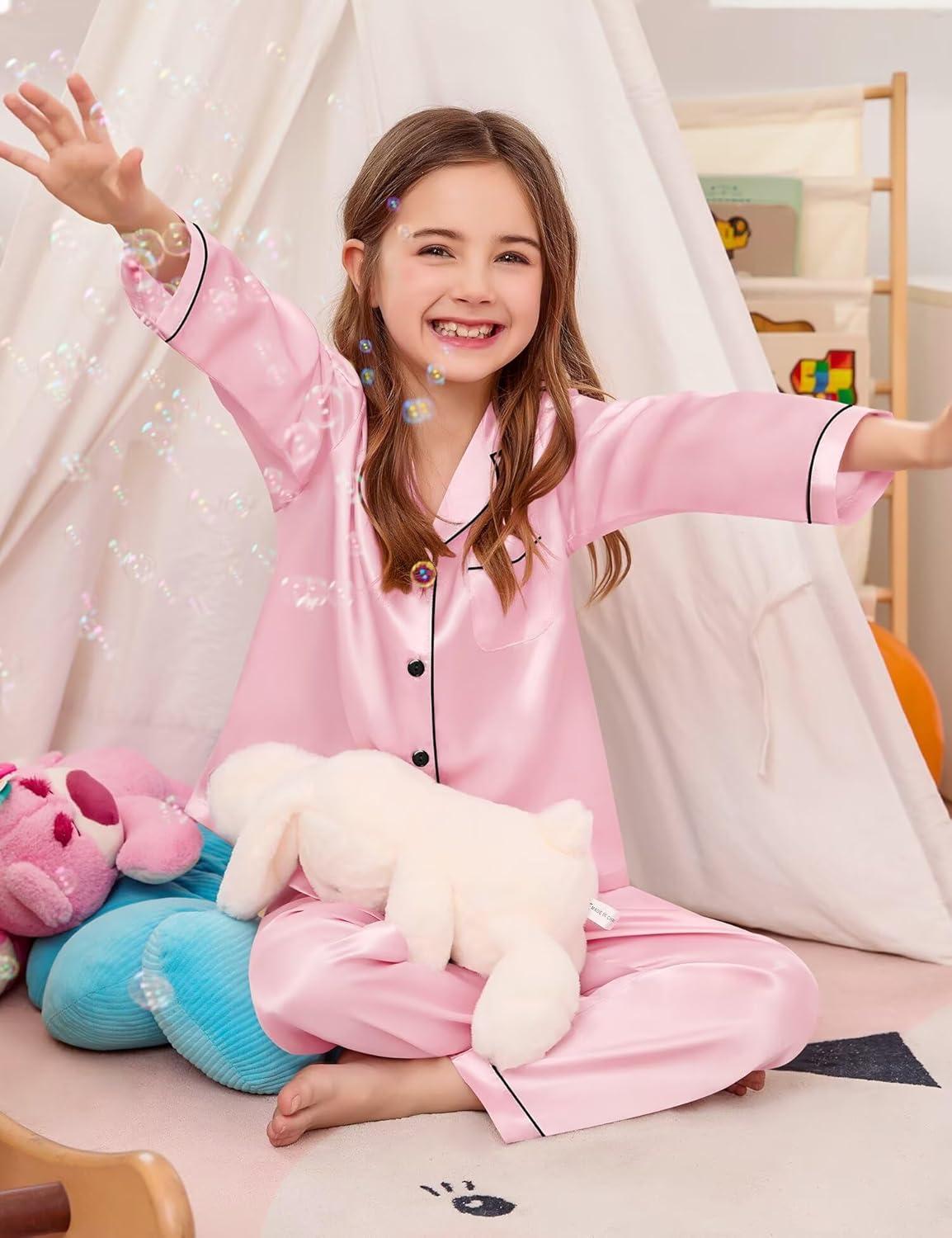 imageSWOMOG Kid Girls Boys Silk Satin Pajamas Set ButtonDown PJs Sets TwoPiece Lounge Sets Long Sleeve SleepwearHedgedpink
