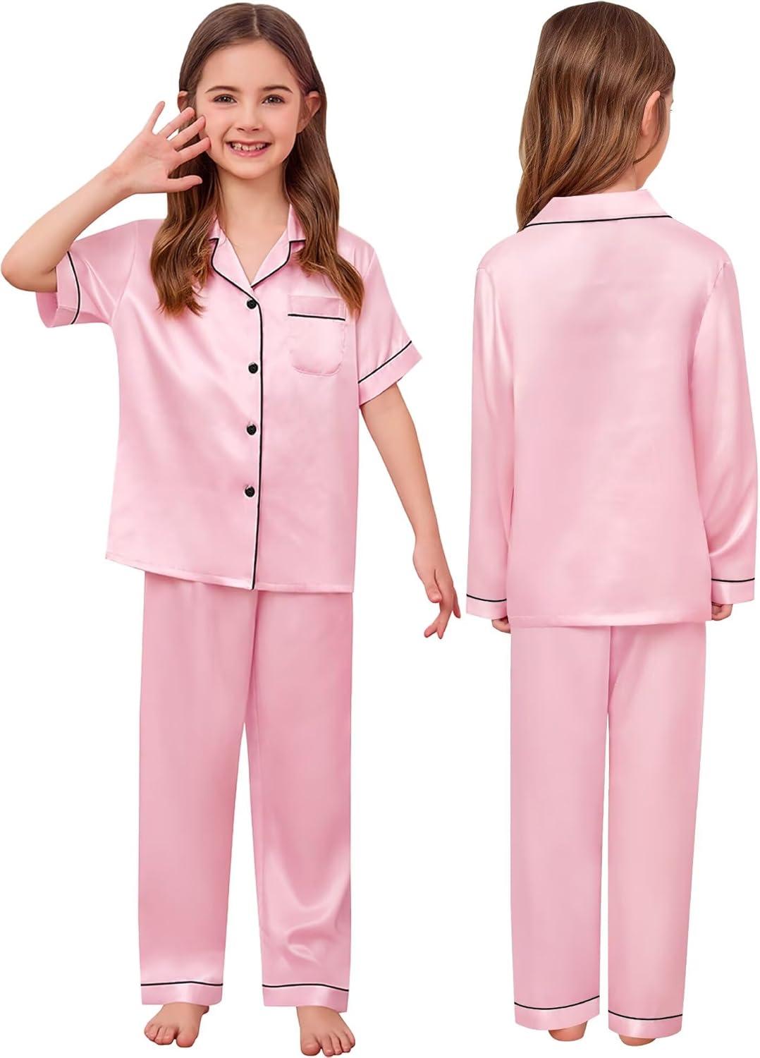 imageSWOMOG Kid Girls Boys Silk Satin Pajamas Set ButtonDown PJs Sets TwoPiece Lounge Sets Long Sleeve SleepwearHedgedpink