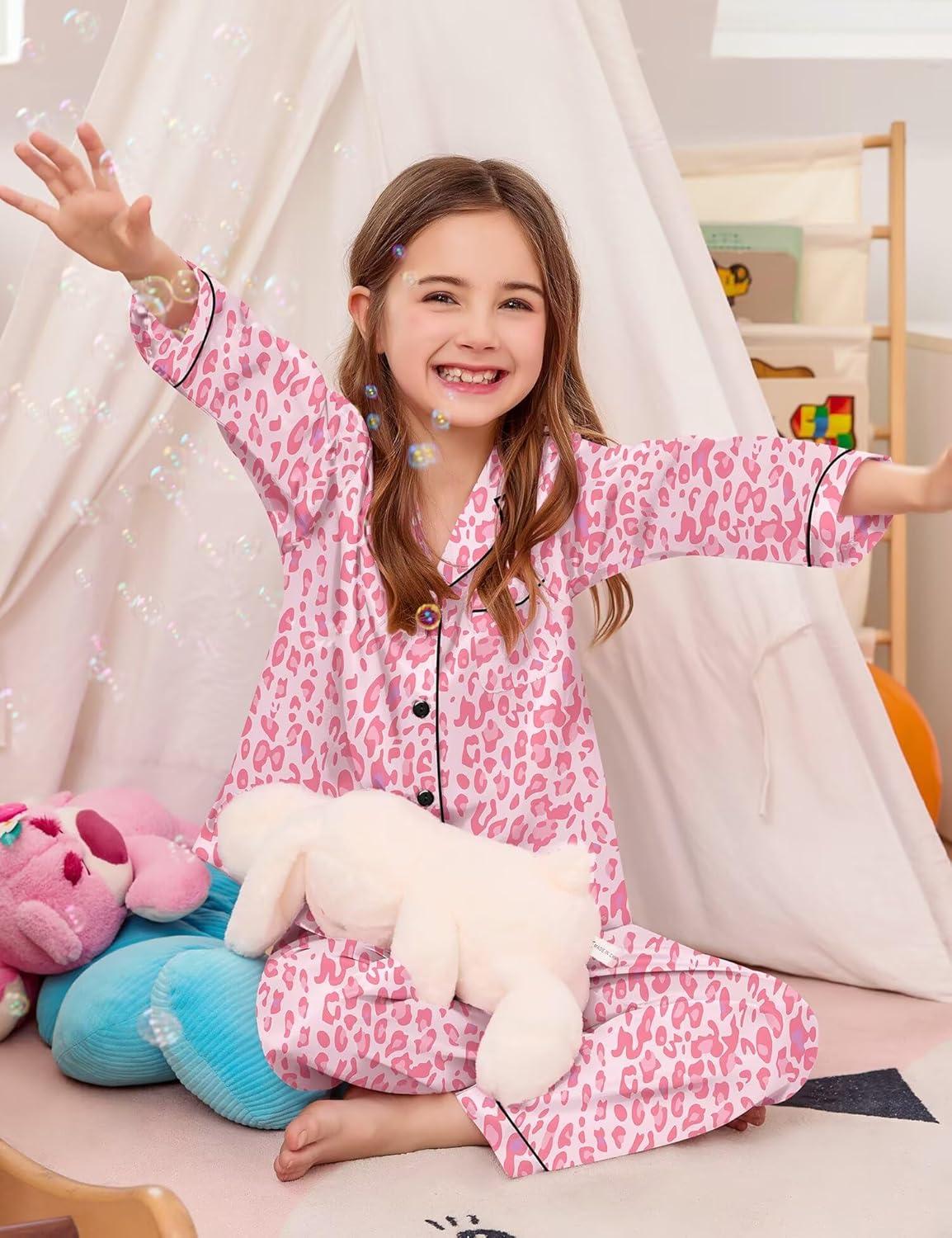 imageSWOMOG Kid Girls Boys Silk Satin Pajamas Set ButtonDown PJs Sets TwoPiece Lounge Sets Long Sleeve SleepwearHedgedpink Print Leopard