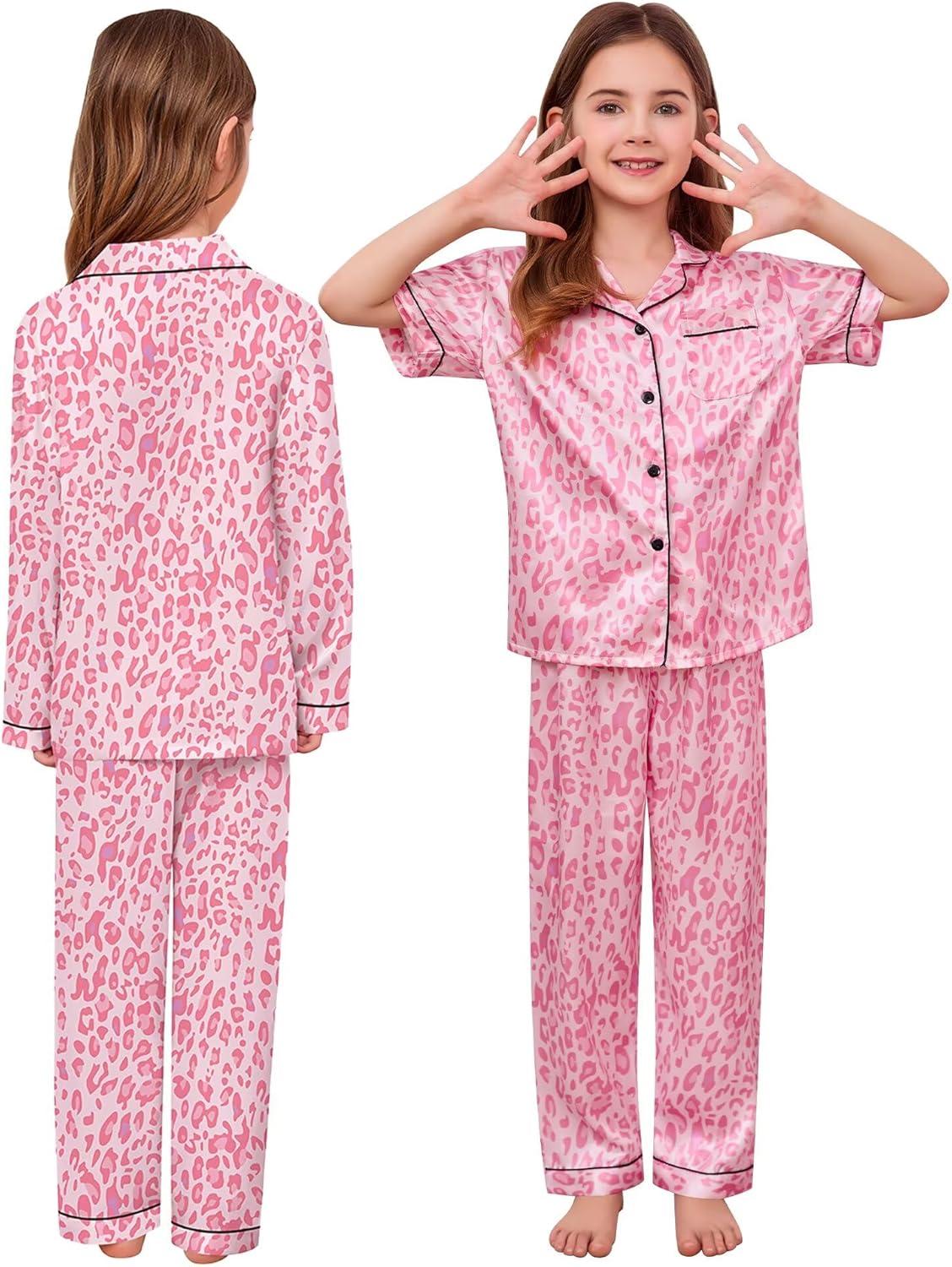 imageSWOMOG Kid Girls Boys Silk Satin Pajamas Set ButtonDown PJs Sets TwoPiece Lounge Sets Long Sleeve SleepwearHedgedpink Print Leopard