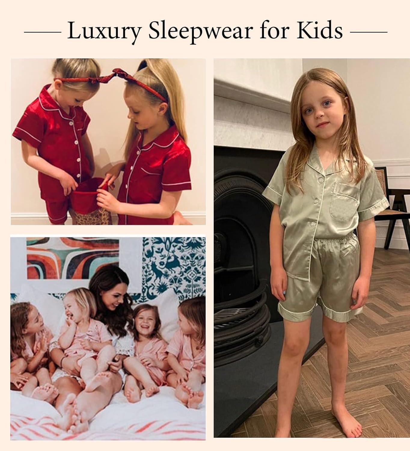 imageSWOMOG Kids Satin Pajamas Sets Girls Boys ButtonDown Pjs Short Sleeve Silk Nightwear 2 Piece Lounge SetsBlack