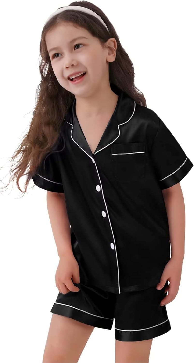 imageSWOMOG Kids Satin Pajamas Sets Girls Boys ButtonDown Pjs Short Sleeve Silk Nightwear 2 Piece Lounge SetsBlack