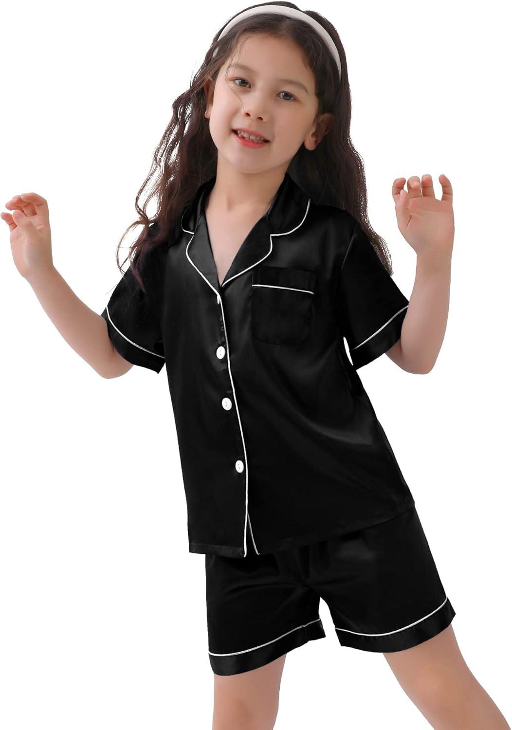 imageSWOMOG Kids Satin Pajamas Sets Girls Boys ButtonDown Pjs Short Sleeve Silk Nightwear 2 Piece Lounge SetsBlack