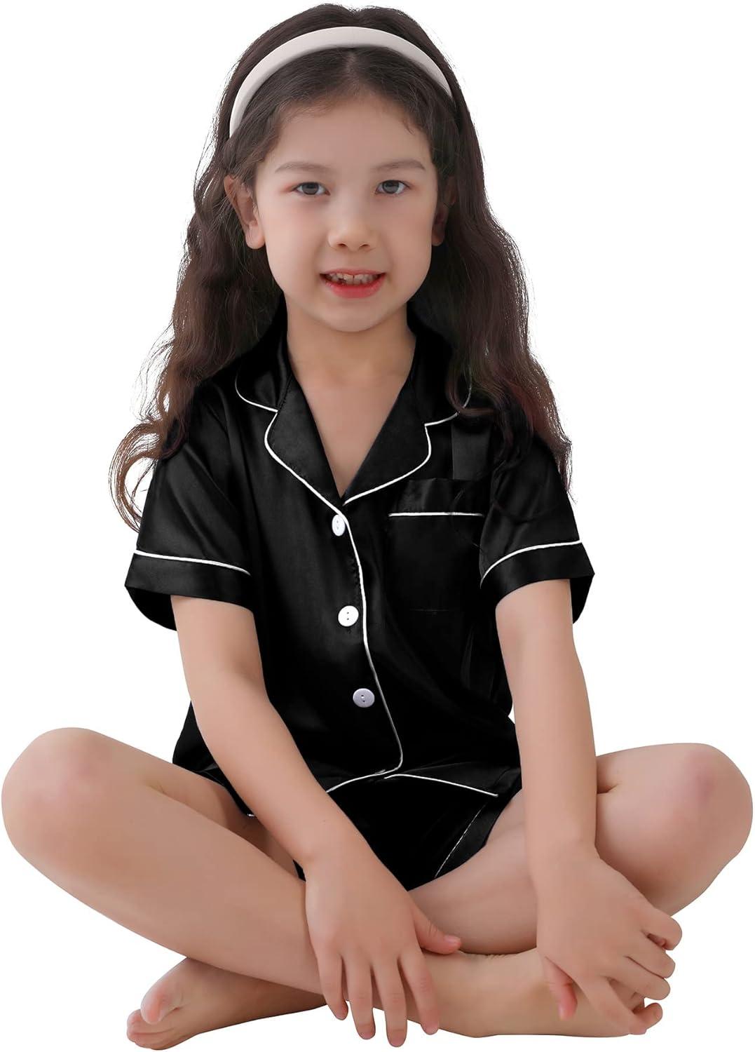imageSWOMOG Kids Satin Pajamas Sets Girls Boys ButtonDown Pjs Short Sleeve Silk Nightwear 2 Piece Lounge SetsBlack