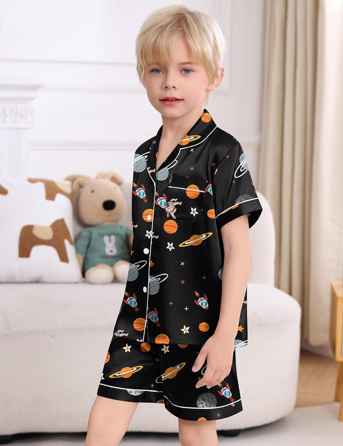 imageSWOMOG Kids Satin Pajamas Sets Girls Boys ButtonDown Pjs Short Sleeve Silk Nightwear 2 Piece Lounge SetsBlack Astronauts